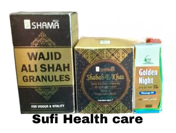 New shama wajid ali shah granules 100gm Shabab e khas 125gm Golden Night tila 15ml